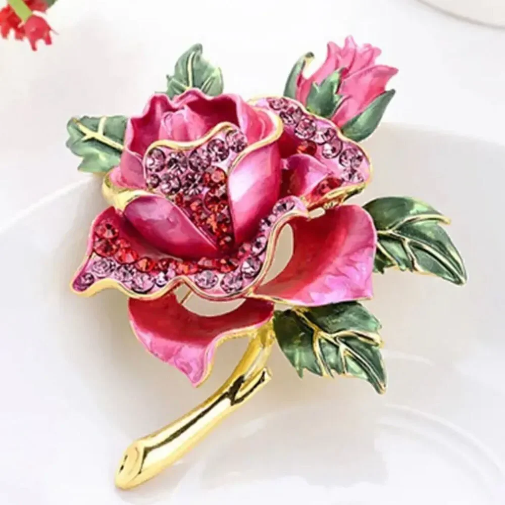 Crystal Rhinestone Rose Brooch Womens Large Enamel Fashion Floral Pin New